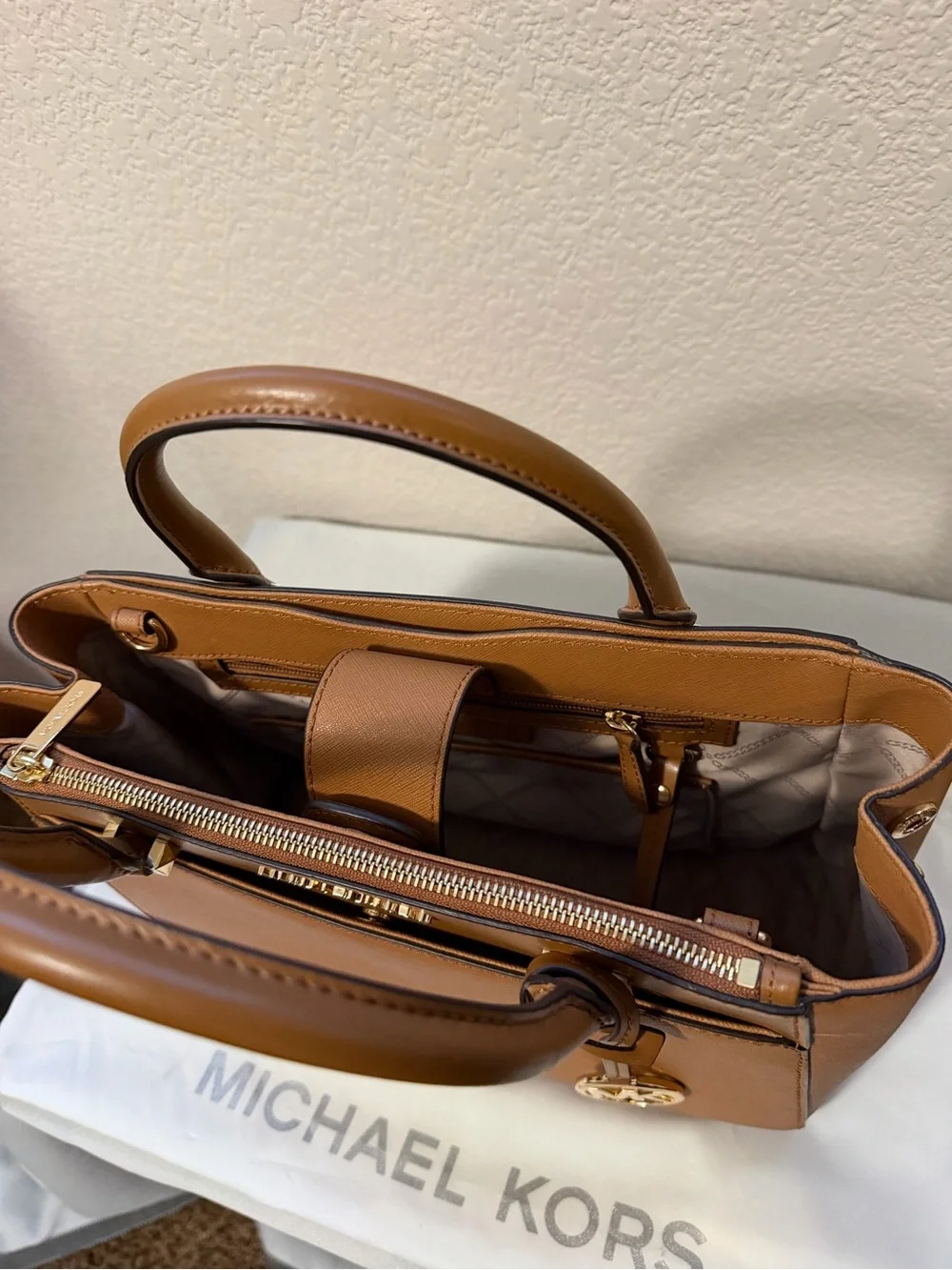 Michael Kors Cognac Saffiano Leather Satchel with Gold Charm